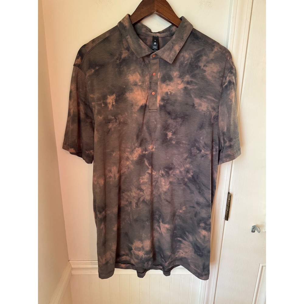 Lululemon Evolution Polo Shirt XL Grey Orange Tie Dye Cloud Wash Short Sleeve - Picture 1 of 5